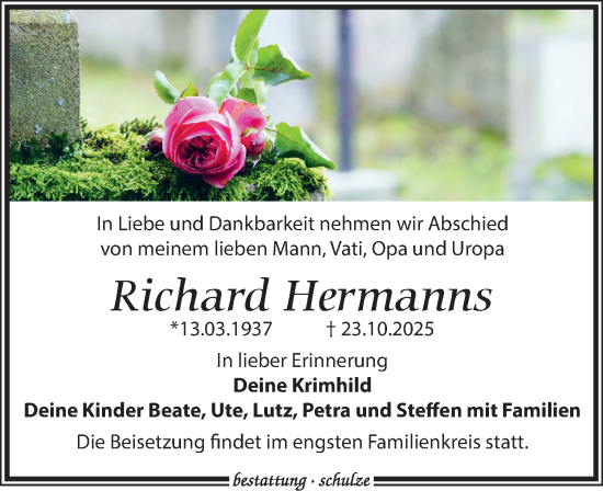 Traueranzeige von Richard Hermanns von Leipziger Volkszeitung