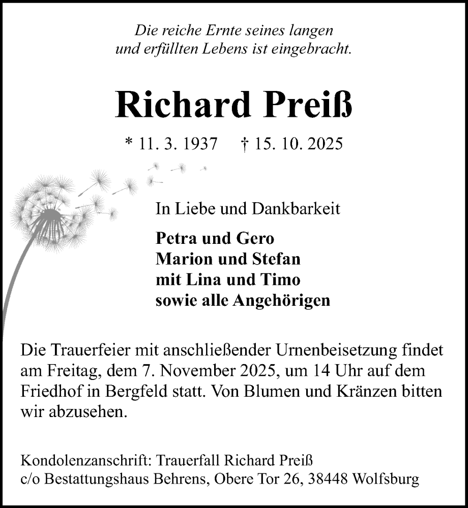  Traueranzeige für Richard Preiß vom 25.10.2025 aus Aller Zeitung