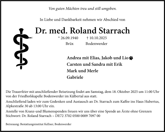 Traueranzeige von Roland Starrach von Täglicher Anzeiger Holzminden