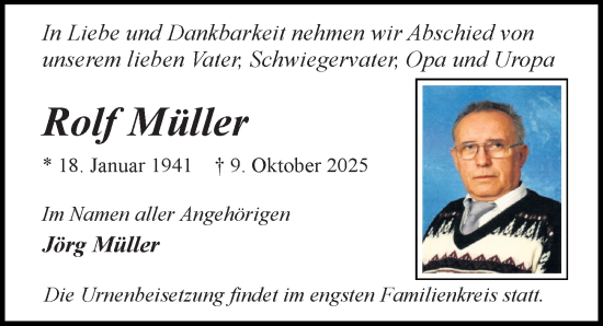 Traueranzeige von Rolf Müller von Sächsische Zeitung