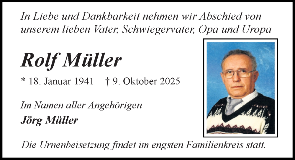  Traueranzeige für Rolf Müller vom 18.10.2025 aus Sächsische Zeitung