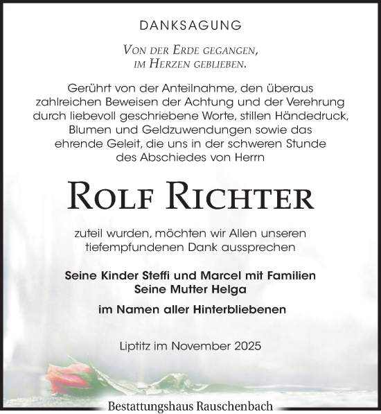 Traueranzeige von Rolf Richter von Leipziger Volkszeitung