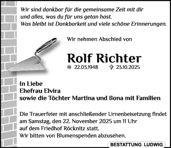 Traueranzeige von Rolf Richter von Leipziger Volkszeitung