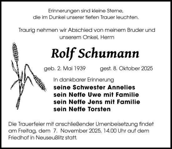 Traueranzeige von Rolf Schumann von Sächsische Zeitung