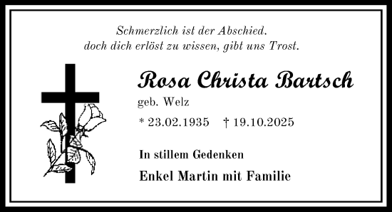 Traueranzeige von Rosa Christa Bartsch von Sächsische Zeitung