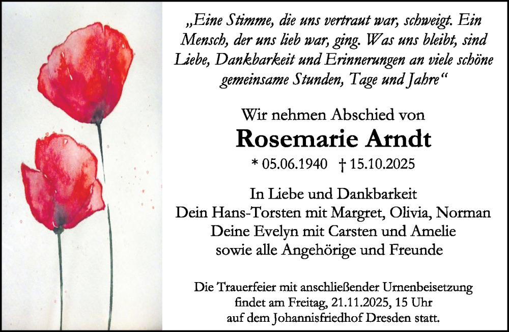  Traueranzeige für Rosemarie Arndt vom 25.10.2025 aus Sächsische Zeitung