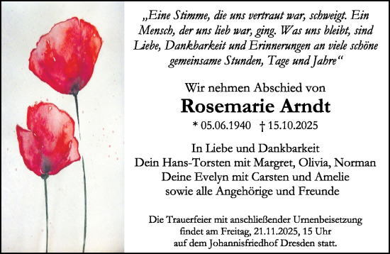 Traueranzeige von Rosemarie Arndt von Sächsische Zeitung