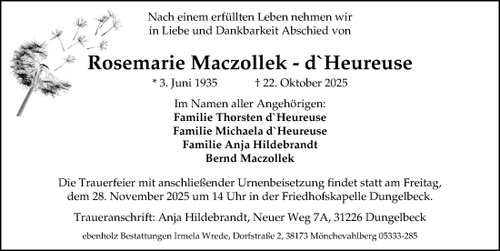 Traueranzeige von Rosemarie Maczollek-dHeureuse von Peiner Allgemeine Zeitung