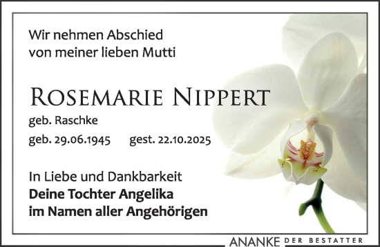 Traueranzeige von Rosemarie Nippert von Leipziger Volkszeitung
