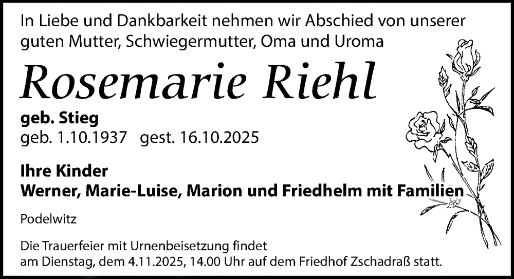  Traueranzeige für Rosemarie Riehl vom 25.10.2025 aus Leipziger Volkszeitung