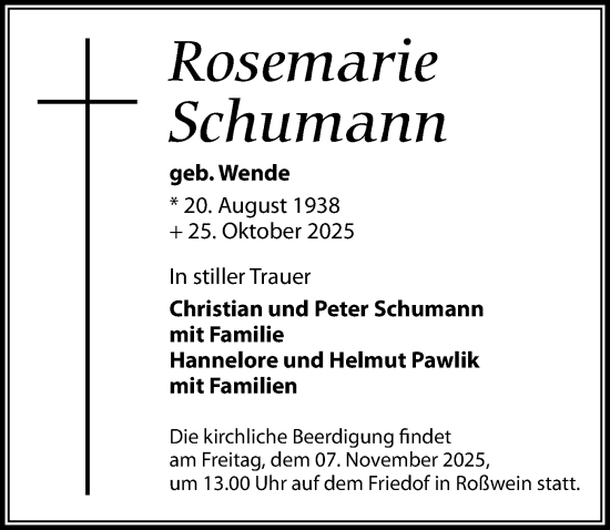 Traueranzeige von Rosemarie Schumann von Sächsische Zeitung
