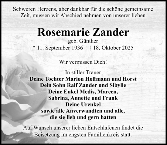 Traueranzeige von Rosemarie Zander von Wochenspiegel