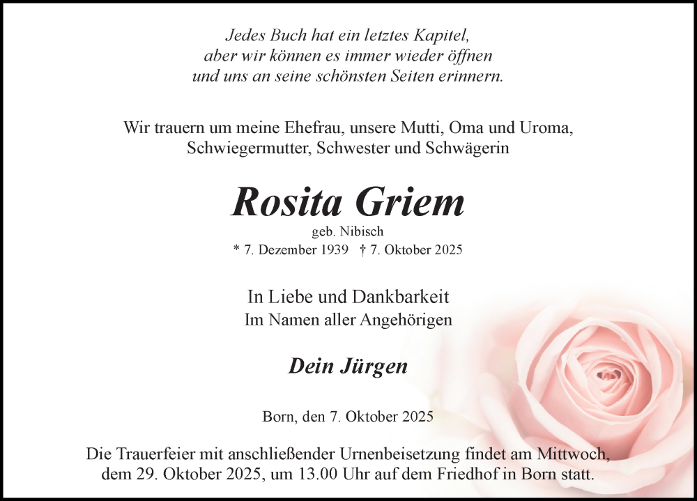  Traueranzeige für Rosita Griem vom 11.10.2025 aus Ostsee-Zeitung GmbH