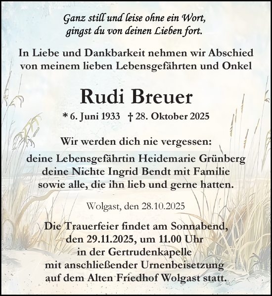 Traueranzeige von Rudi Breuer von Ostsee-Zeitung GmbH
