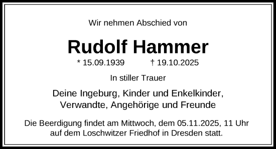 Traueranzeige von Rudolf Hammer von Sächsische Zeitung