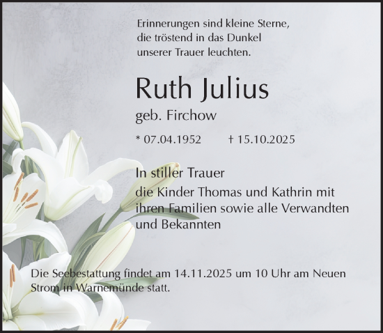 Traueranzeige von Ruth Julius von Ostsee-Zeitung GmbH