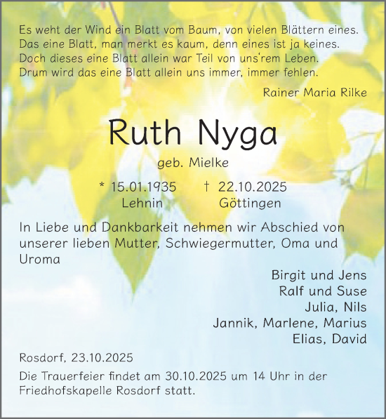 Traueranzeige von Ruth Nyga von Göttinger Tageblatt