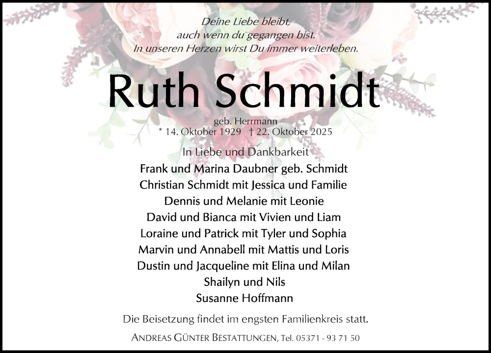  Traueranzeige für Ruth Schmidt vom 25.10.2025 aus Aller Zeitung