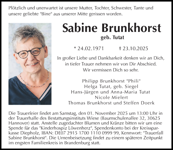 Traueranzeige von Sabine Brunkhorst von Hannoversche Allgemeine Zeitung/Neue Presse