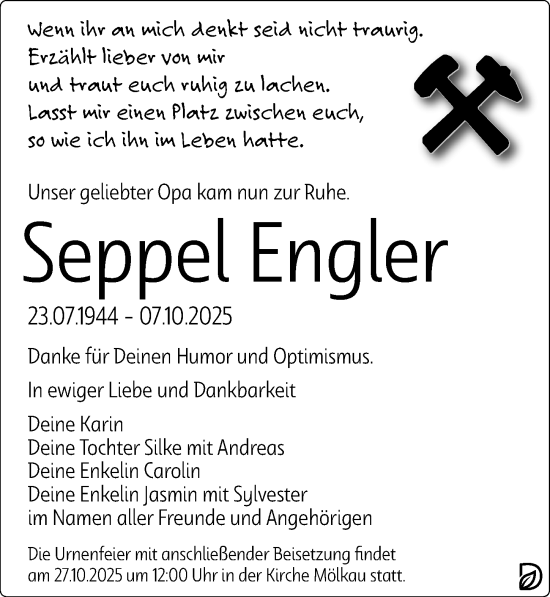 Traueranzeige von Seppel Engler von Leipziger Volkszeitung