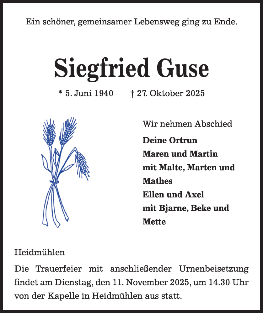  Traueranzeige für Siegfried Guse vom 01.11.2025 aus Kieler Nachrichten