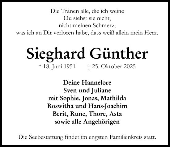 Traueranzeige von Sieghard Günther von Kieler Nachrichten