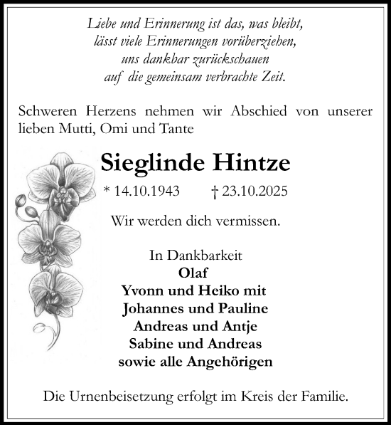 Traueranzeige von Sieglinde Hintze von Wochenspiegel