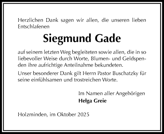 Traueranzeige von Siegmund Gade von Täglicher Anzeiger Holzminden