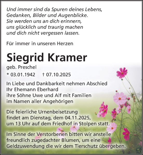 Traueranzeige von Siegrid Kramer von Sächsische Zeitung