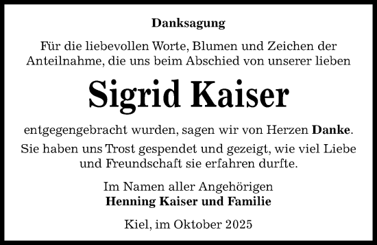 Traueranzeige von Sigrid Kaiser von Kieler Nachrichten