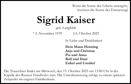 Traueranzeige von Sigrid Kaiser von Kieler Nachrichten