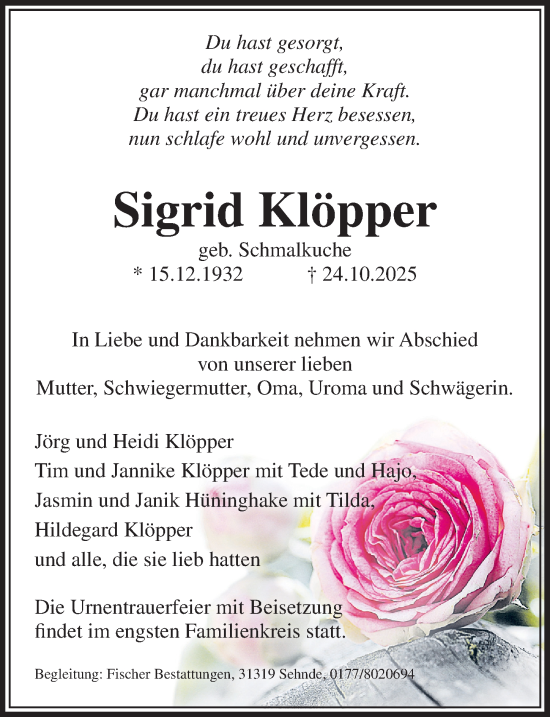 Traueranzeige von Sigrid Klöpper von Hannoversche Allgemeine Zeitung/Neue Presse