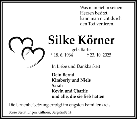 Traueranzeige von Silke Körner von Aller Zeitung