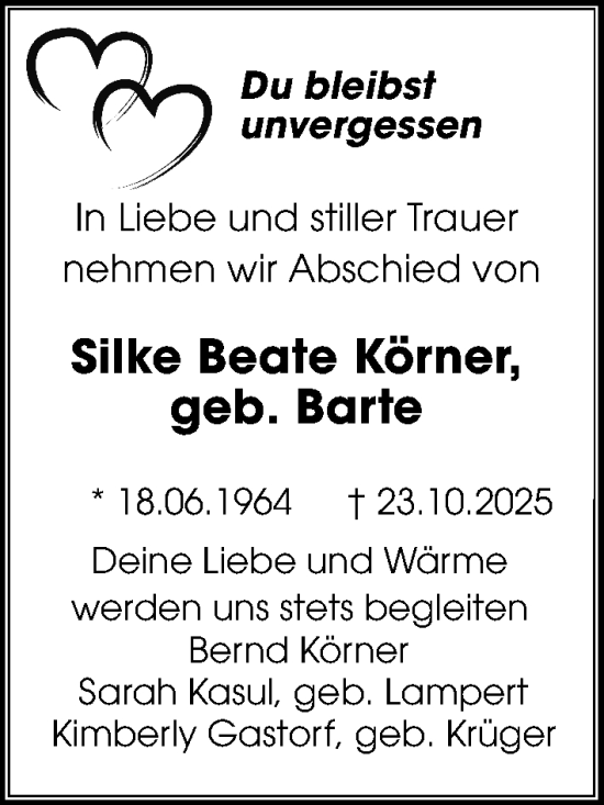 Traueranzeige von Silke Beate Körner von Hannoversche Allgemeine Zeitung/Neue Presse