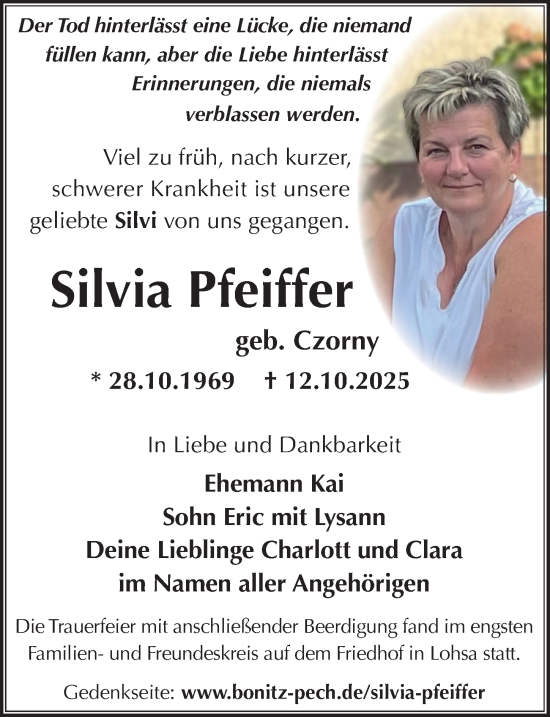 Traueranzeige von Silvia Pfeiffer von Sächsische Zeitung