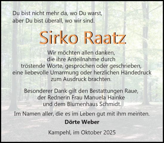 Traueranzeige von Sirko Raatz von Wochenspiegel