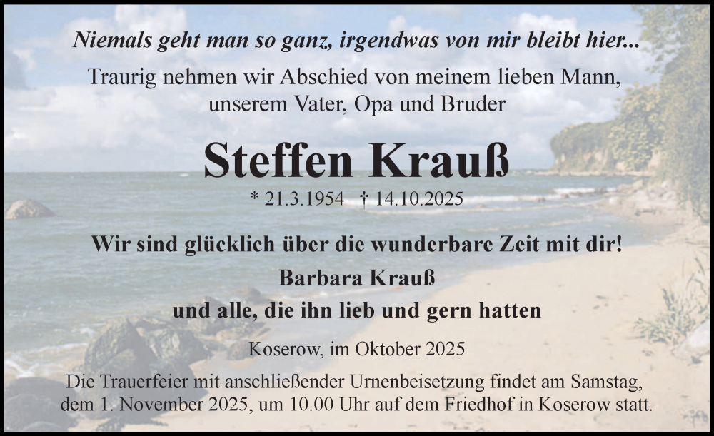  Traueranzeige für Steffen Krauß vom 25.10.2025 aus Ostsee-Zeitung GmbH