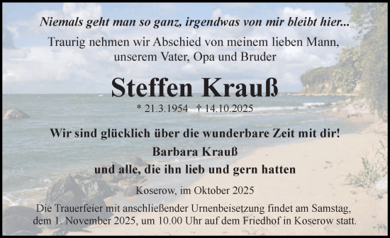 Traueranzeige von Steffen Krauß von Ostsee-Zeitung GmbH
