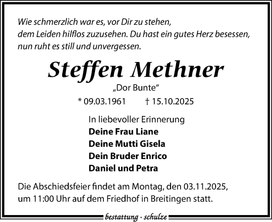 Traueranzeige von Steffen Methner von Leipziger Volkszeitung