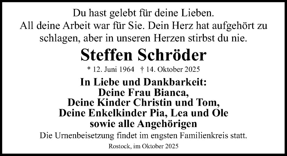  Traueranzeige für Steffen Schröder vom 25.10.2025 aus Ostsee-Zeitung GmbH