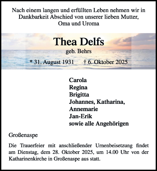 Traueranzeige von Thea Delfs von Kieler Nachrichten