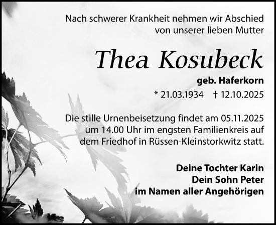 Traueranzeige von Thea Kosubeck von Leipziger Volkszeitung