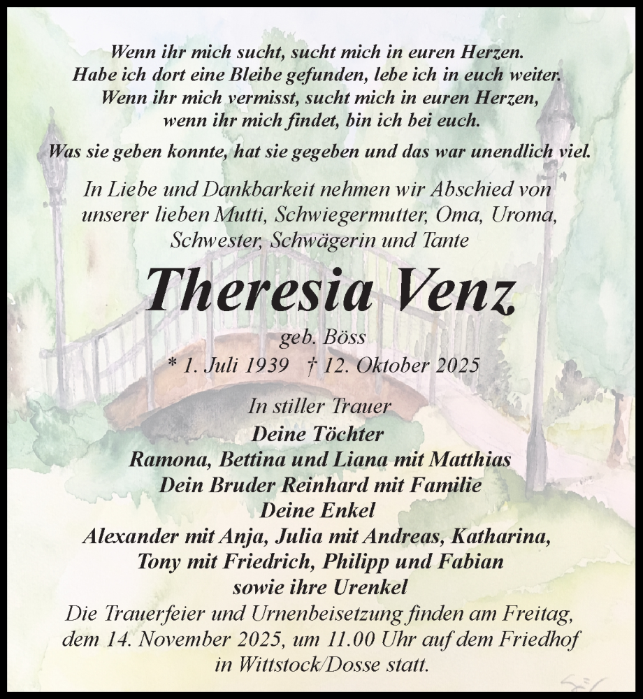  Traueranzeige für Theresia Venz vom 25.10.2025 aus Märkischen Allgemeine Zeitung