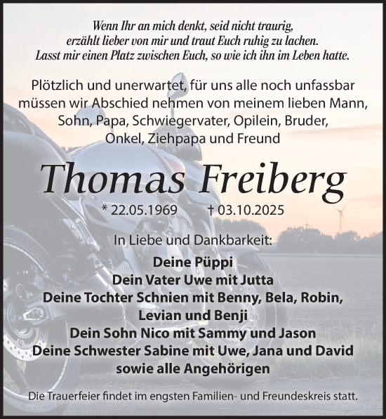 Traueranzeige von Thomas Freiberg von Leipziger Volkszeitung