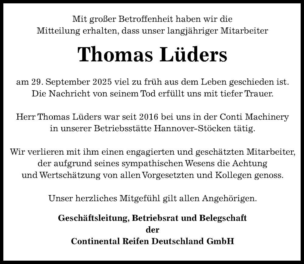  Traueranzeige für Thomas Lüders vom 14.10.2025 aus Hannoversche Allgemeine Zeitung/Neue Presse
