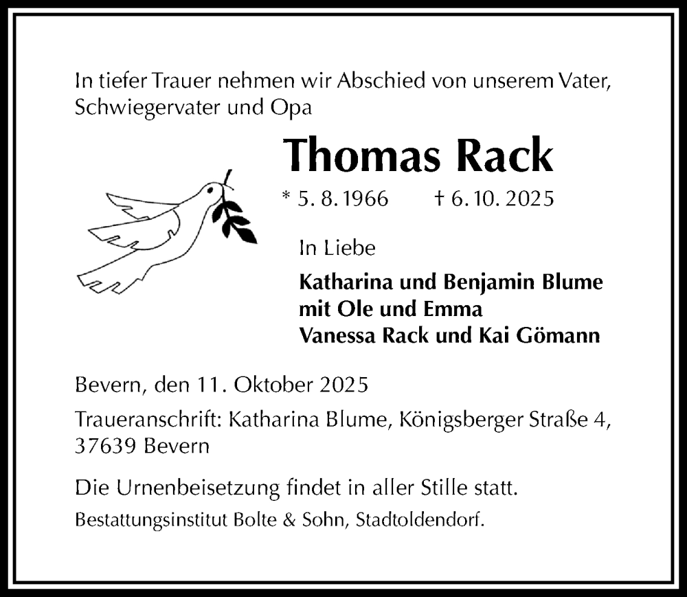  Traueranzeige für Thomas Rack vom 11.10.2025 aus Täglicher Anzeiger Holzminden