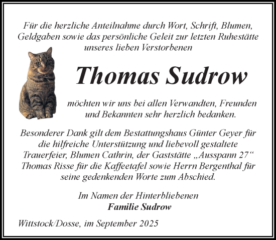 Traueranzeige von Thomas Sudrow von Wochenspiegel