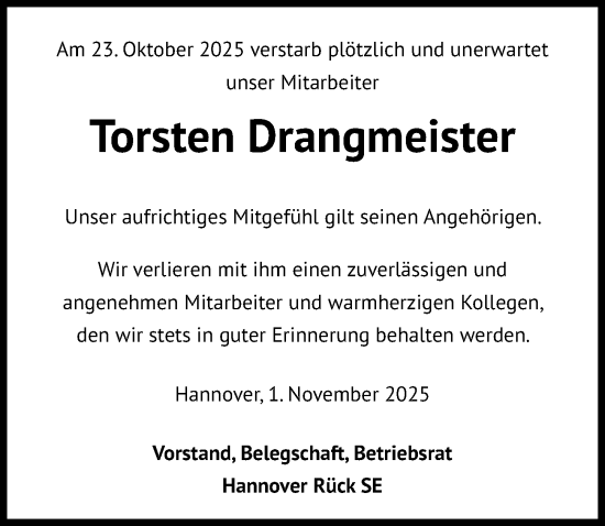 Traueranzeige von Torsten Drangmeister von Hannoversche Allgemeine Zeitung/Neue Presse