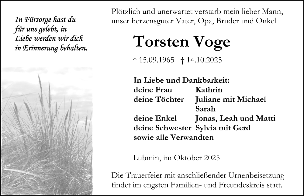  Traueranzeige für Torsten Voge vom 25.10.2025 aus Ostsee-Zeitung GmbH