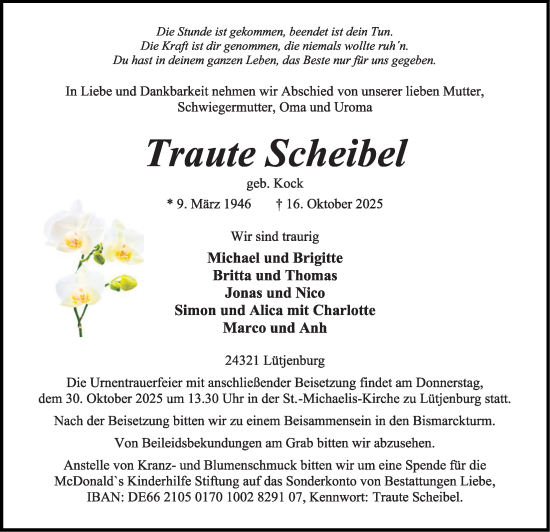 Traueranzeige von Traute Scheibel von Kieler Nachrichten